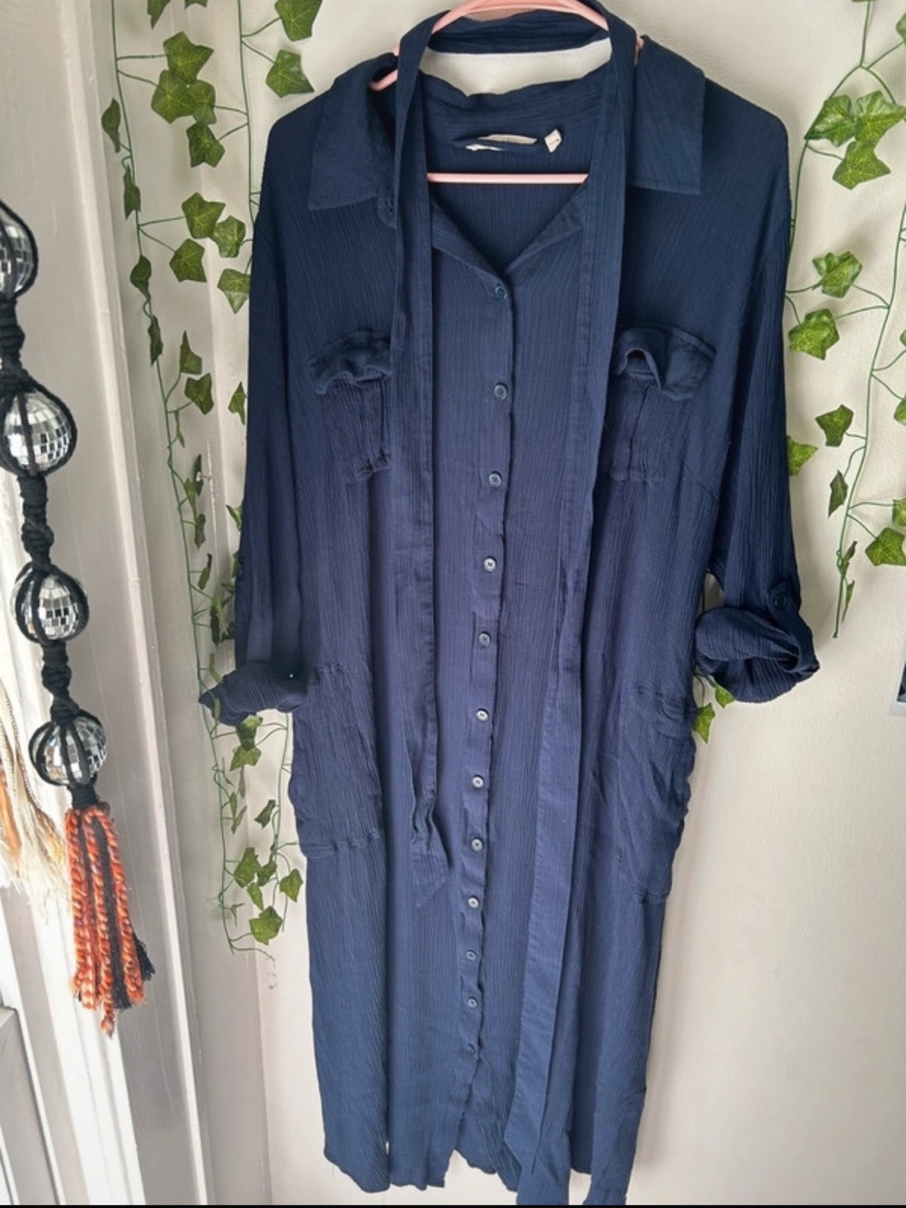 Soft Surroundings Navy Button-Front Shirt Dress with Waist Tie Size 2X